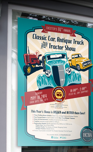 Poster and promotion illustrations for the Historic Chester Business Association illustrated and designed by Paul Kiesche Design, LLC