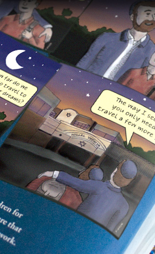 Comic style illustration for Hillel Yeshiva Jewish Orthodox School illustrated by Paul Kiesche